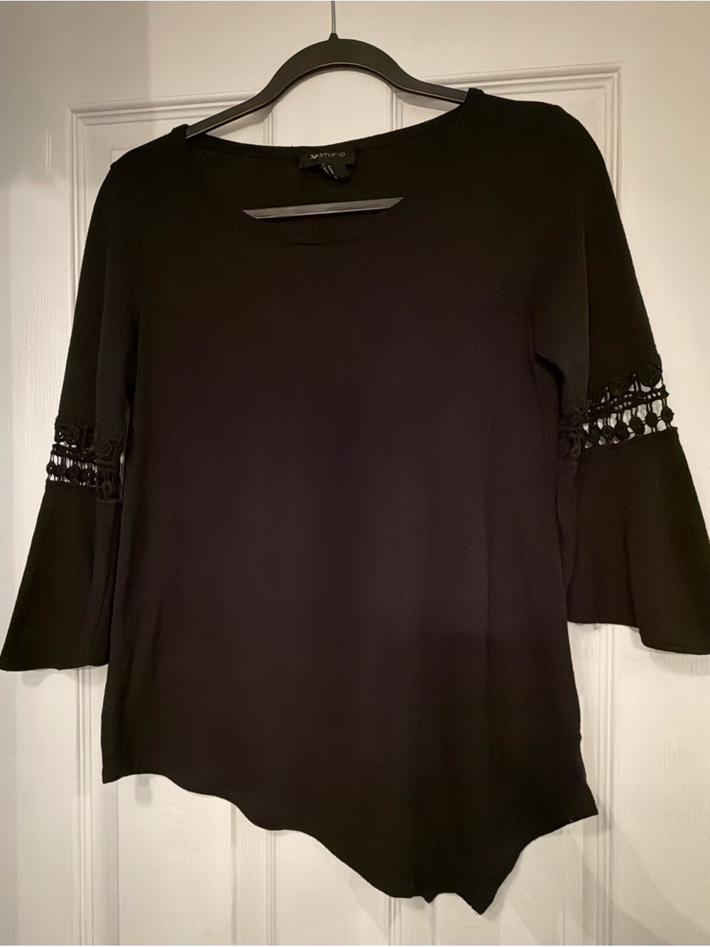 AB Studio Black Bell-Sleeve Blouse with Crochet Trim